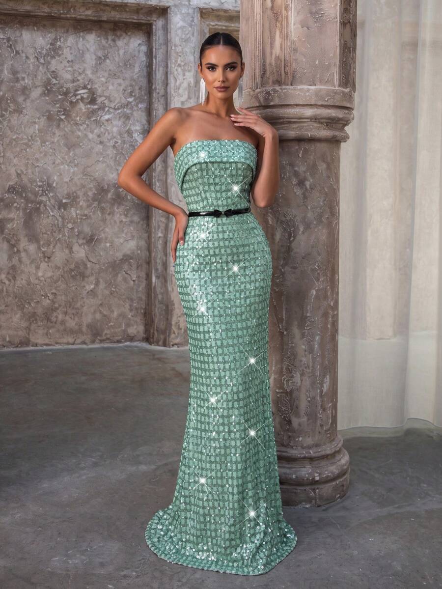 Modphy 新款無肩帶無袖修身露背重工亮片長洋裝(附腰帶),適合度假派對、女性正式晚宴,優雅晚禮服 - 薄荷綠 - 查看 1