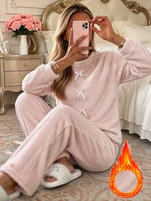 2pcs Women's Soft Plush Round Neck Long Sleeve Pajama Set, Bow Decor Loose Pants, Autumn/Winter Loungewear - Pink - View 4