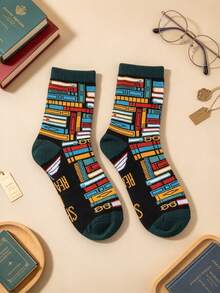 Kaos Kaki Setengah Betis Motif Rak Buku Klasik, Gaya Sastra Artistik, Kaos Kaki Kasual Serbaguna Unisex - MultiWarna - View 5