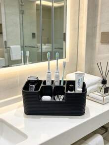 1pc Multi-Compartment Bathroom Countertop Toothbrush Holder - Large Capacity Multi-Slot Washbasin Storage Box, Suitable For Toothbrush, Toothpaste, Razor And Skincare Cosmetics, Striped Texture Bathroom Sink Storage Organizer Box, Multi-Compartment Bathroom Storage Box, Toothpaste Makeup Brush Storage Cup, Bathroom Vanity Sink Decorative Countertop Accessory - Multicolor - View 5