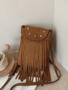 Tas Selempang Kecil Minimalis Bohemian Bergaya Vintage dengan Rumbai Dua Sisi, Warna Matte. - Coklat - View 6