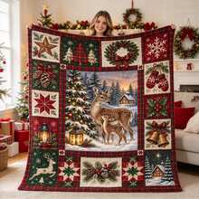 1 Buah Selimut Lempar Motif Patchwork Kotak-kotak Natal, Daun Holly, Permen Tongkat, dan Kepingan Salju, Selimut Flanel Liburan untuk Sofa, Dekorasi Rumah - MultiWarna - View 1