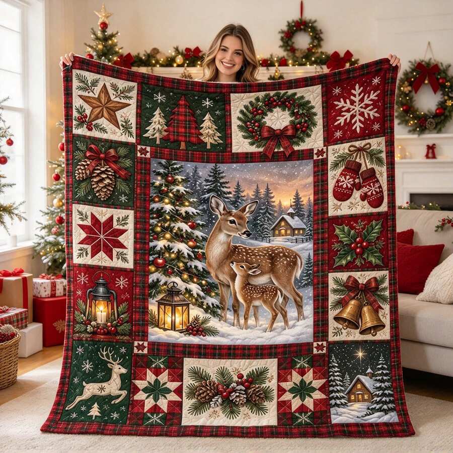1 Buah Selimut Lempar Motif Patchwork Kotak-kotak Natal, Daun Holly, Permen Tongkat, dan Kepingan Salju, Selimut Flanel Liburan untuk Sofa, Dekorasi Rumah - MultiWarna - View 1
