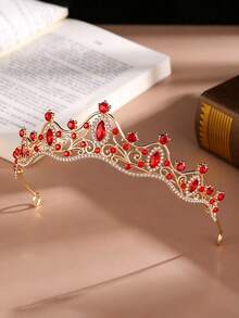 1 Elegant Crown, Embellished With Green Rhinestones, Suitable For Wedding, Party, Birthday Headpiece - Red - View 3