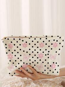 1pc Portable Cosmetic Storage Bag, Polka Dot Pink Butterfly Floral Pattern Double-Sided Print Travel Zipper Makeup Bag, Multi-Function Toiletries Organizer - Multicolor - View 2