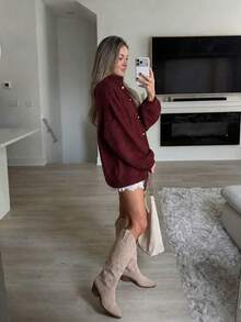 FOR BEAUTY Women's Autumn/Winter Cardigan, Y2K Fashion Red Round Neck Front Button Knit Jacket, Basic Business Casual Commute Outerwear Set - Burgundy - View 4