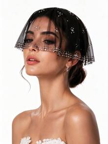 1pc Rhinestone Decorated Birdcage Veil, Short Tulle Bridal Veil, Vintage Wedding Headpiece, Suitable For Bride, Bachelorette Party And Photo Shoot - Multicolor - View 1
