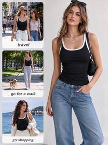 Women's Black & White Contrast Trim Round Neck Ribbed Tank Top, Slim Fit Sleeveless All-Match Camisole, Versatile Everyday Autumn/Winter Layering Inner Top - Black - View 6
