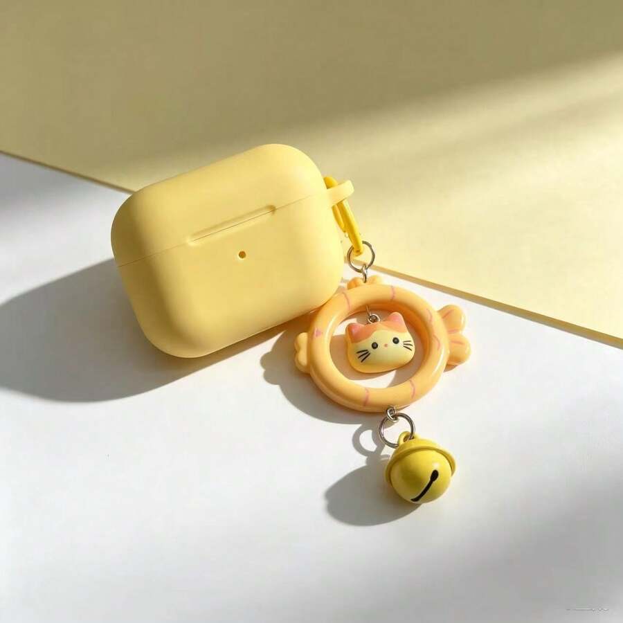 Cute Viral Red Cat & Fish Protective Case Compatible With Apple 543/Pro Bluetooth Earbuds - Yellow - View 1