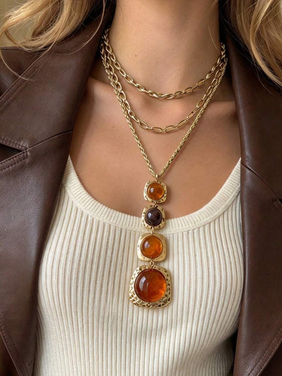 Layered Necklace Resin Stone Long Pendant Hammered Gold Vintage Old Money - Layered Resin Necklace - View 1