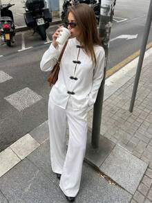 Women's White 2 Pieces Set: Stand Collar Frog Button Long Sleeve Top & Wide Leg Pants, Satin Texture, Suitable For Daily Wear, Loungewear And Chinese Occasions - White - View 1