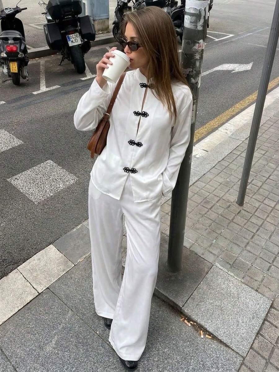 Women's White 2 Pieces Set: Stand Collar Frog Button Long Sleeve Top & Wide Leg Pants, Satin Texture, Suitable For Daily Wear, Loungewear And Chinese Occasions - White - View 1