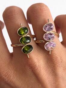 1pc Gold Plated Open Ring, 3 Oval Colorful Zirconia Statement Ring, Adjustable Stackable Gem Ring For Women Daily Party Jewelry - Multicolor - View 6