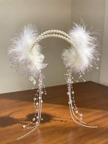 1pc Double Layer Pearl Beaded Crystal Beaded Chiffon Feather Rhinestone Chain Beaded Tassel Headband - Multicolor - View 5