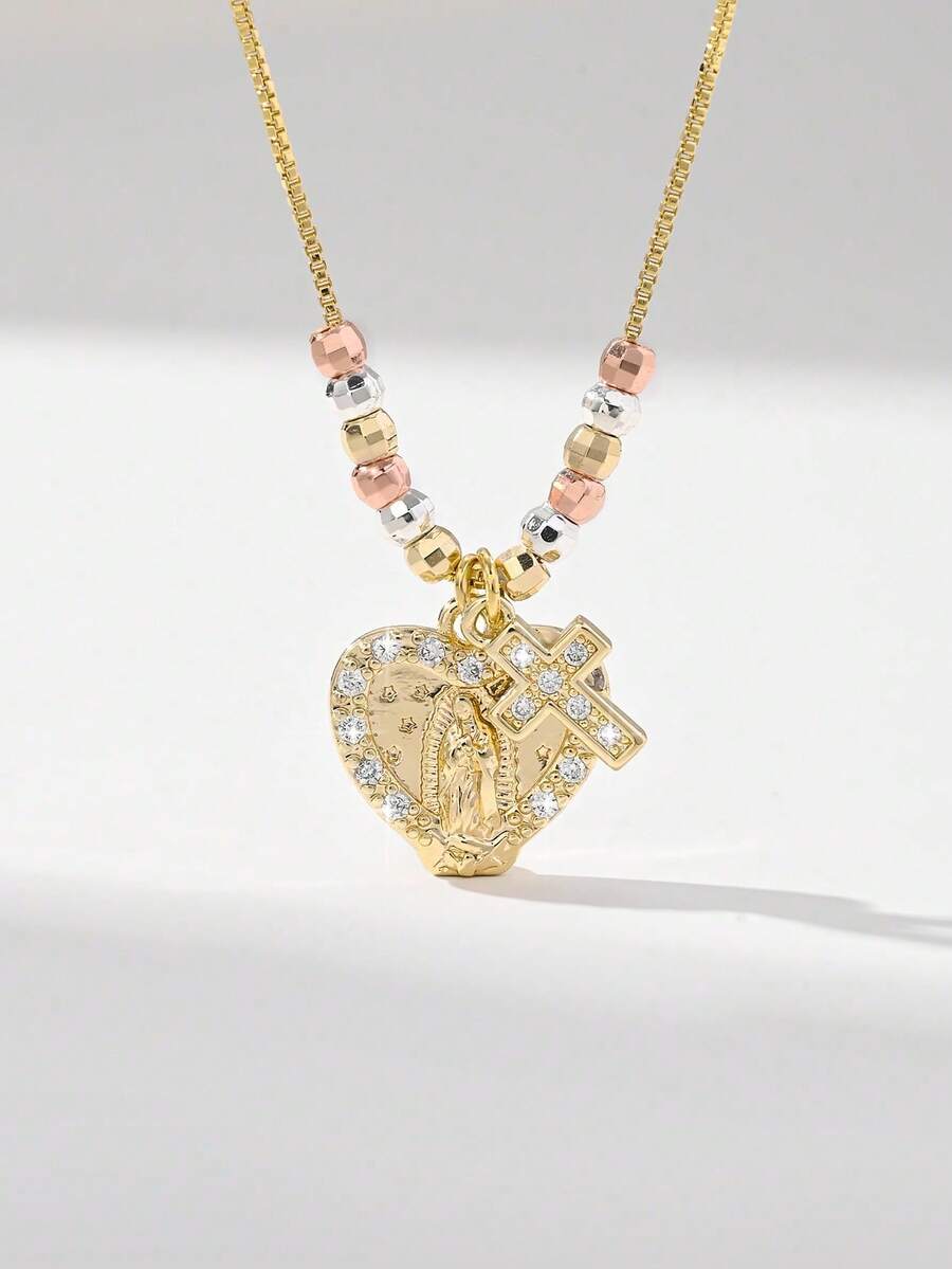 1 pieza Collar con colgante de la Virgen María de cruz tricolor, de estilo europeo y americano, hecho a mano con cuentas de cobre chapado, adecuado para regalos, parejas, amigos, uso diario - Amarillo Oro - Ver 1