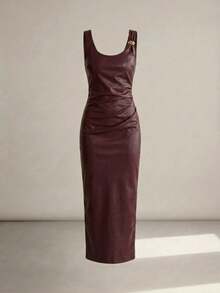 Women's Burgundy Accessory Detailed Draped Faux Leather Maxi Dress - Burgundy - View 7