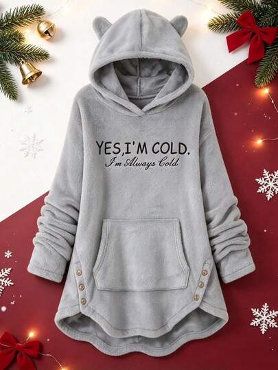 Cute Flannel Hooded Loungewear, Featuring "YES, I'M COLD. I'm Always Cold" Funny Slogan Print, Women's Autumn/Winter Clothing, Perfect For Home Wear