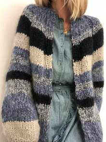 Women's Fashion Loose Casual Comfortable Retro Striped Contrast Color Cardigan - Multicolor - View 4
