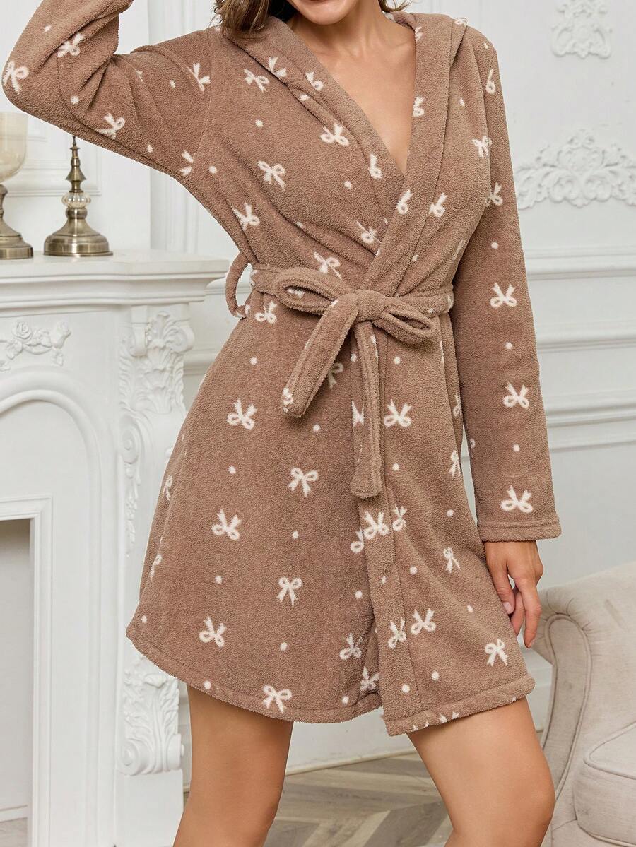 Women's Plush Hooded Robe With Bow Print, Thermal Lined, Thick Warm Loungewear, Autumn/Winter - Brown - View 1