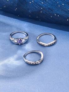 Eterna Glow 3Pcs/Set Luxury Purple Cubic Zirconia Ladies Ring Rhinestone Silver Color Stackable Rings For Women Party Wedding Engagement Jewelry Valentine Gift - Style 1 - View 13