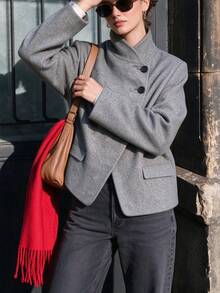 Elegant Women's Long Sleeve Regular Fit Grey Woven Fabric Overcoat, Featuring Unique Asymmetrical Button Design, Suitable For Autumn/Winter Wear - Grey - View 6