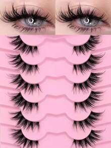 7 Pairs Half-Strip Transparent Cat Eye Extension False Eyelashes, Natural Mink-Like 3D Fluffy Soft Criss-Cross Long Lashes, Outer Corner Extended Slim Style, Reusable, Suitable For Daily Wear, Party, Valentine's Day - Black - View 8