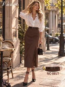 Vuslat Women's Autumn Elegant Commute Lace Patchwork Design Straight Skirt, Suitable For Commuting, Office, Dating, Shopping, Halloween - Brown - View 1