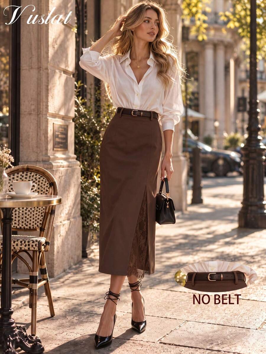 Vuslat Women's Autumn Elegant Commute Lace Patchwork Design Straight Skirt, Suitable For Commuting, Office, Dating, Shopping, Halloween - Brown - View 1
