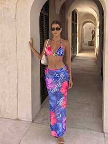 HOTTIE HABIT Women 3 Pieces Color Block Floral Bikini Set, Halter Triangle Tie Bikini & Printed Mesh Cover Up Pants, Summer Beach Swimwear - Multicolor - View 2