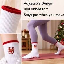 1/3pairs Christmas Non-Slip Cotton Socks, Santa Reindeer Christmas Tree Embroidered Socks For Home, Yoga, Gift - Red - View 3