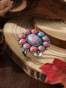 European & American Bohemian Women's Vintage Fashion Personalized Round Turquoise Ring, Contrast Turquoise Color, Essential For Vacation Outfits - Color - View 9