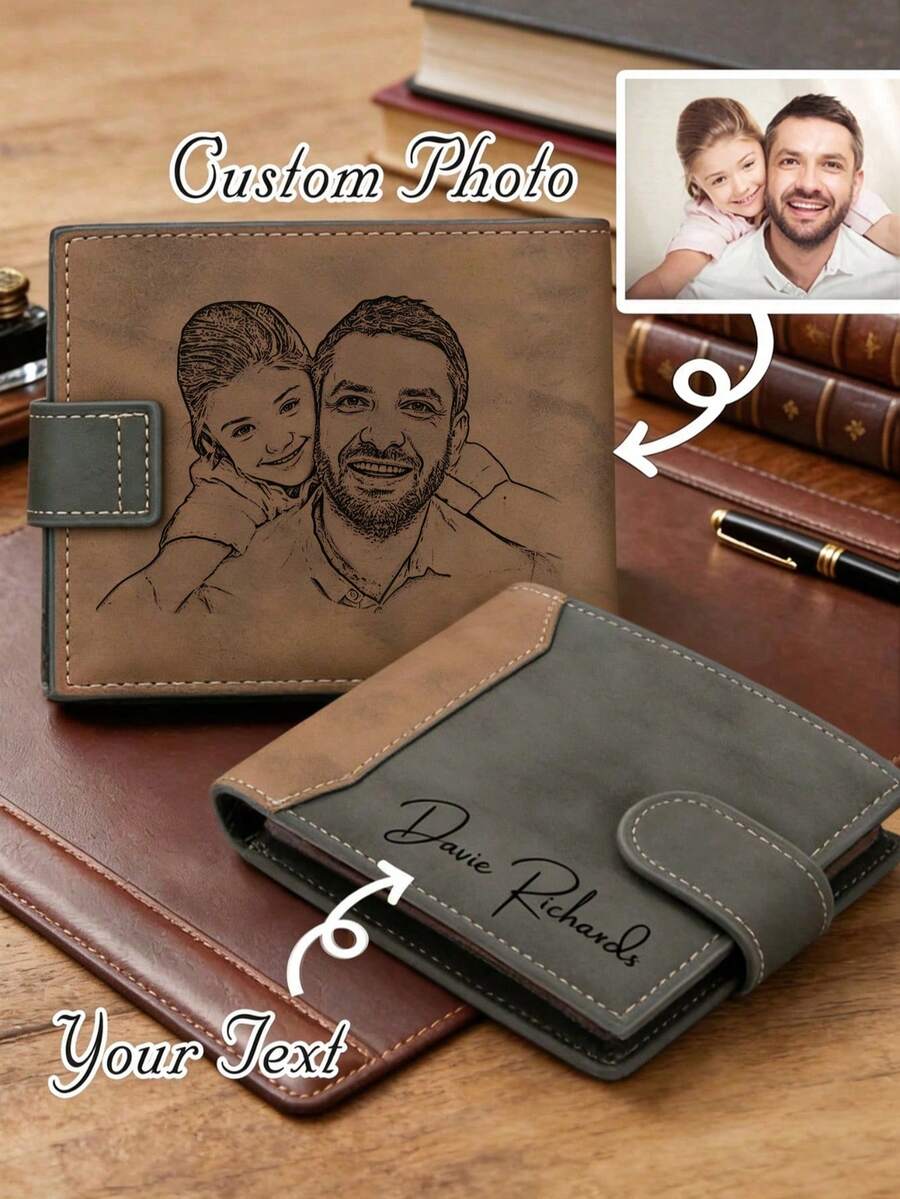 Personalized Men's Leather Wallet Customizable Photo And Name Minimalist Wallet For Dad Birthday Anniversary Father's Day Gift