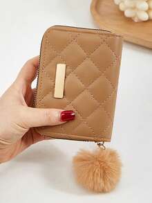 Short Pom Pom Wallet, Minimalist Fashion Coin Purse, Student Quilted Card Holder, Plush Ball Bag - Multicolor - View 5