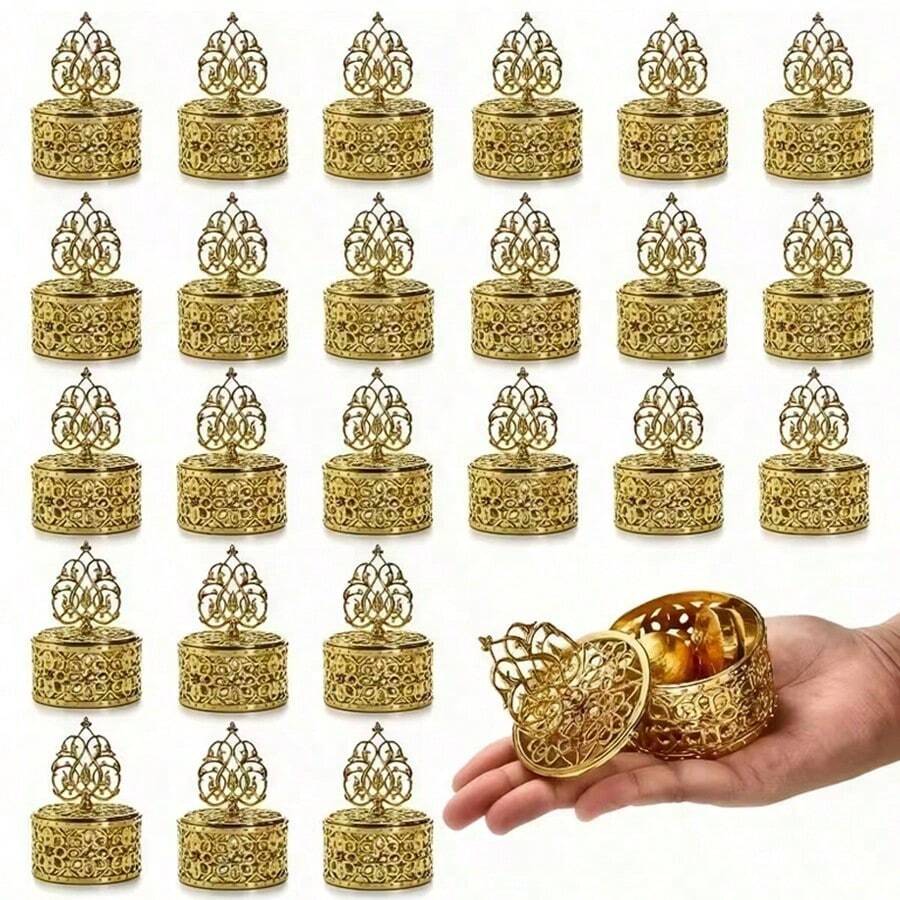 1pc Gold Mini Gift Jars With Lids - Royal And Floral Pattern Plastic Containers Suitable For Wedding Favors, Bridal Shower Supplies, Decorative Mini Jars With Gold Lids, Thank You Gifts - Multiple Styles - View 1