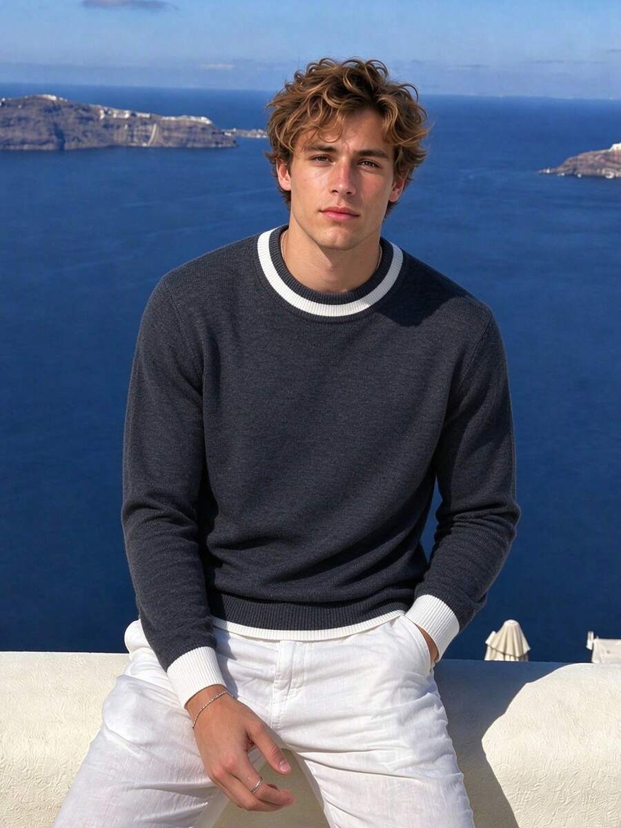 Camvyn Men's Autumn/Winter Casual Fashion Patchwork Slim Fit Regular Shoulder Mock Neck Long Sleeve Sweater - Dark Grey - View 1