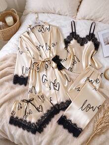 5pcs Contrast Color Lace Letter Print Pajama Set, Spaghetti Strap Top, Elastic Waist Pants, Bow Decor Shorts, Robe And Belt, Women's Comfortable Loungewear - Champagne - View 2