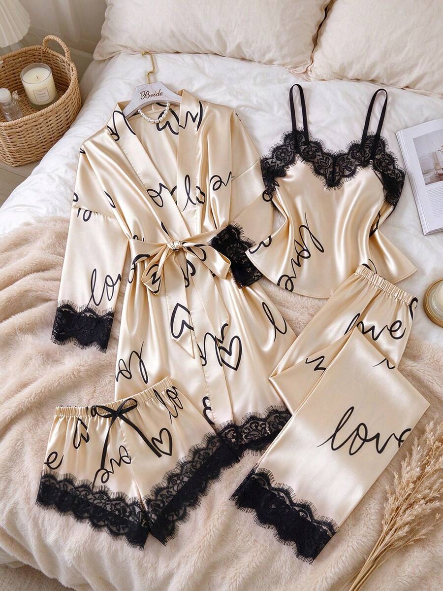 5pcs Contrast Color Lace Letter Print Pajama Set, Spaghetti Strap Top, Elastic Waist Pants, Bow Decor Shorts, Robe And Belt, Women's Comfortable Loungewear