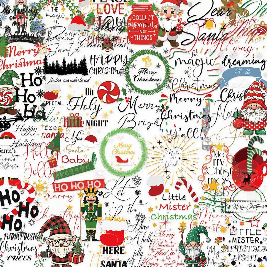 50pcs Christmas Word Creative PET Double Transparent Stickers Suitable For Decoration Phone Cases, Water Bottles, Computers, Guitars, Suitcases, Holiday Gift Decals - one-size - View 1