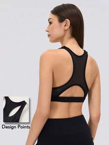 KyrLssu Women Racerback Crop Tank Top, U Neck Sleeveless Mesh Back Cutout Sports Bra Style Vest - Black - View 1