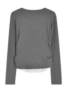 Patchwork 2 In 1 Long Sleeve Knit Sweater, Pleated Waist Fitted Top For Women, Autumn - Grey - View 2