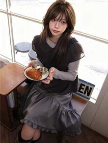Korean Style Slouchy Chic Elastic Waist Slimming Versatile Casual Asymmetrical Ruffle A-Line Midi Skirt For Women - Grey - View 4