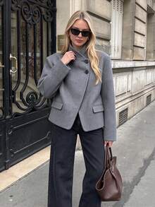 Elegant Women's Long Sleeve Regular Fit Grey Woven Fabric Overcoat, Featuring Unique Asymmetrical Button Design, Suitable For Autumn/Winter Wear - Grey - View 7