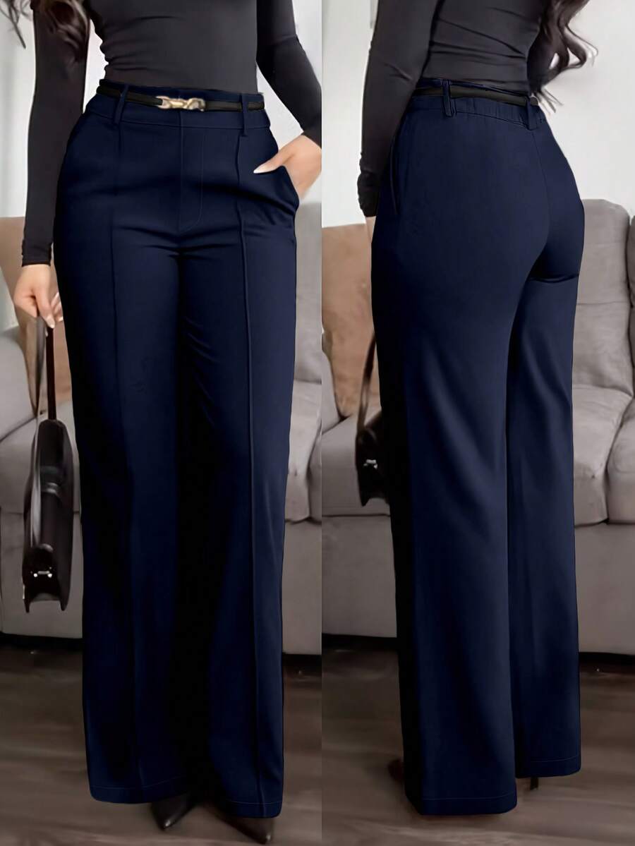 Jisfaneya Women's Solid Color Beltless Long Pants, Side Pocket Zipper Design, Elegant Casual, Suitable For Office Commute - Navy Blue - View 1