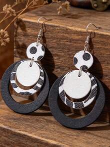 1 Pair Black & White Polka Dot Zebra Stripe Multi-Layer Round PU Leather Earrings, Vintage Color Block Patchwork Large Hoop Earrings Accessory - Round - View 4