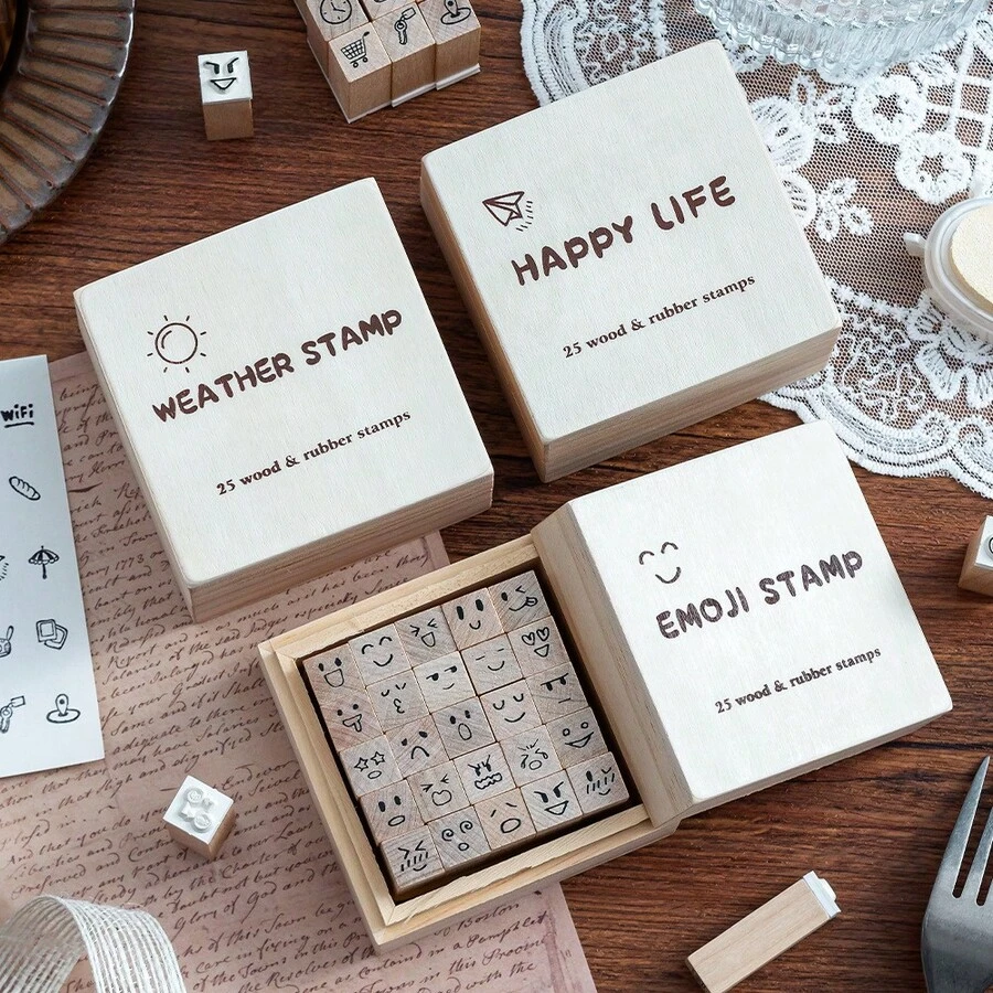 A Set Of 25 Weather-Themed Stamps, Suitable For Handmade Crafts, Student Journals And Diary Decoration; Packaged In A Wooden Box; Includes 3 Different Designs.