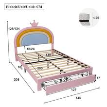 Padded Children's Bed 140 X 200 Cm, Pink, With Rainbow Crown Headboard, Height Adjustable To 2 Levels, Drawer At The Foot, Easy-To-Clean PU Cover And Load Capacity Up To 220 Kg - Pink - View 11