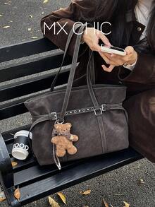 時尚純色皮革手提包復古PU斜挎波西米亞包 日用旅行通勤 前後拉鍊口袋大容量女款單肩包 - 咖啡棕 - 查看 1