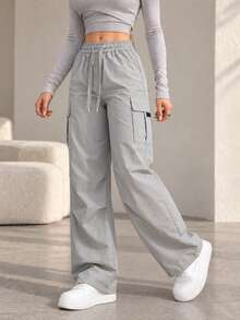 AODSR Women's Lightweight Cargo Pants, Parachute Pants, Elastic Waist With Drawstring Design, Side Flap Pockets, Casual Street Style Long Athletic Pants - Light Grey - View 6