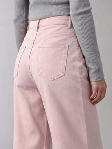 Women's Wide Leg Light Pink Button Pocket Denim Jeans - Baby Pink - View 5