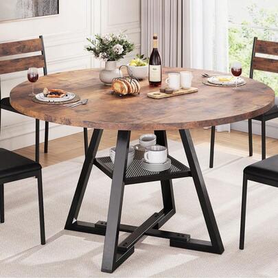 Inch Round Dining Table With Storage Shelf, Wood Kitchen Table 4-6 People, Pedestal Dining Room Table With Base, Space Saving Dinner Table